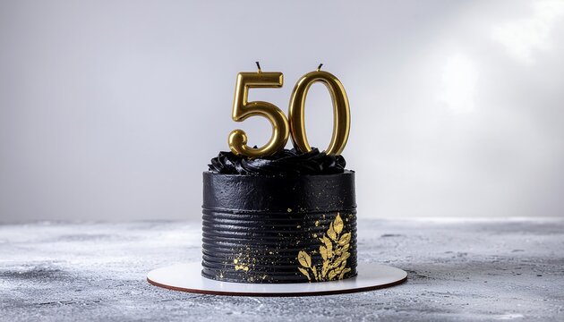Sophisticated black cake with golden '50' candles, ideal for a milestone celebration