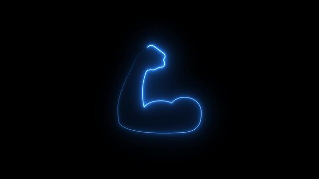 The blinking glowing neon of muscle icon, on a black background and 4k video animation.