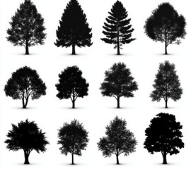 Fototapeta premium Twelve black tree silhouettes with subtle shadows arranged in a clean grid on a white background, varied shapes and foliage conveying a calm minimalist nature study