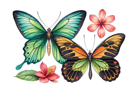 Watercolor Exotic Butterfly Clipart, Rajah Brooke Birdwing Nature Illustration, Isolated on White