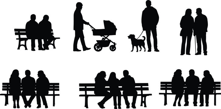 People park silhouettes collection, families sitting on benches, walking with stroller and dog, social lifestyle vector isolated black shapes
