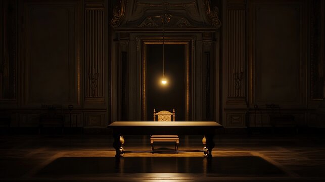 trespass. An opulent empty mansion interior lit by a single energy-saving bulb, vast spaces and contrasting atmospheres. real-estate listings.