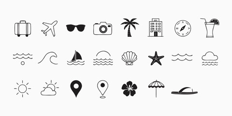 Naklejka premium Black and white icons representing travel vacation and summer themes