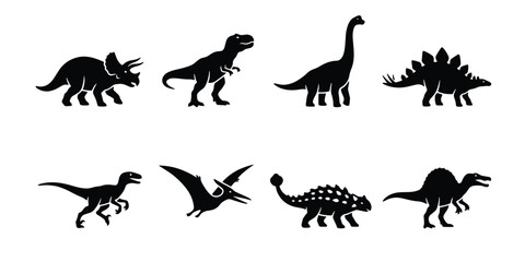 Dinosaur silhouette vector set of 8 prehistoric animals, black t-rex and triceratops icons, jurassic wildlife collection for educational design © Sharmin
