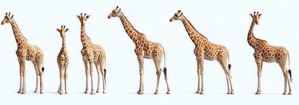 six giraffes standing together on a white background, tall elegant animals with calm curious expressions