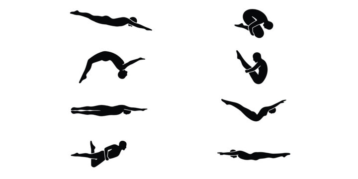 Professional diving silhouettes set, 8 athlete icons in mid-air poses, black swimmer vector graphics, competitive springboard and platform diving elements