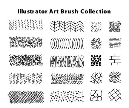 Collection of twenty black brush strokes with varied styles including wavy, zigzag, crosshatch and dotted