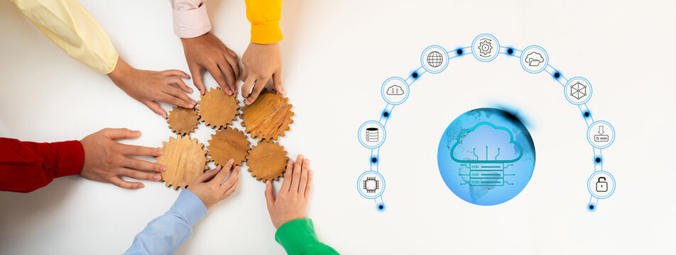 Collaboration is essential in modern industries. Hands work together on wooden gears while digital icons portray innovation and connectivity in the tech world. Trope