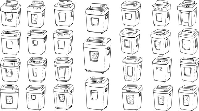 Hand drawn doodle collection of various paper shredder machines and document destroyers in sketch style.