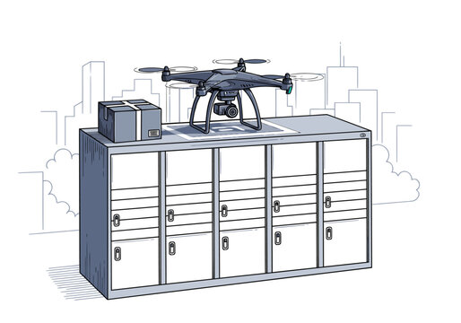 A drone delivers a parcel to a modern, multi-locker system.  Clean lines and a futuristic delivery concept. Ideal for tech and logistics visuals.