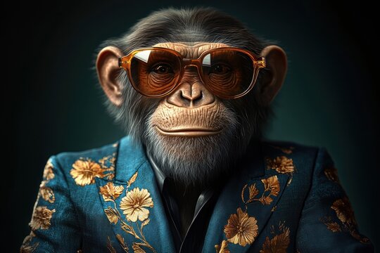 elegant monkey in teal embroidered jacket with gold floral patterns and gold-framed spectacles, regal confident posture
