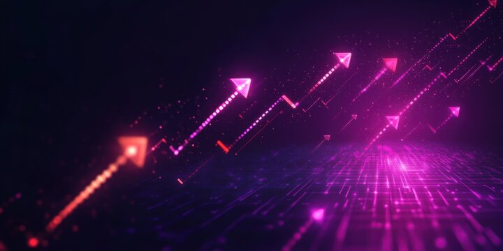 glowing neon purple and pink upward arrows and dotted trajectories above a digital grid conveying rapid futuristic growth and optimistic motion