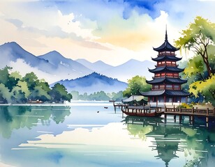 Obraz premium Watercolor painting depicts a pagoda, serene lake, mountainous backdrop, and lush foliage under a tranquil sky