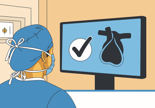 Surgeon monitors a successful heart valve replacement procedure on a large screen. A focused medical professional observes positive results, conveying expertise and precision.