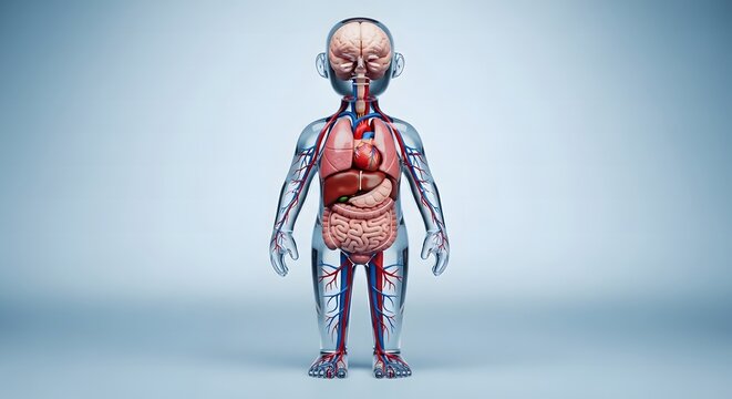 Realistic 3D model of a translucent human body showcasing internal organs, brain, and nervous system on a light blue background.