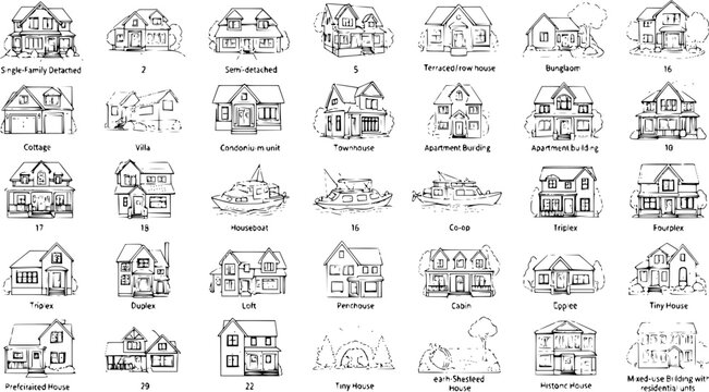 Black and White Line Art Collection of Diverse Residential House Types, Dwellings, and Buildings. Architectural Outline Icons for Real Estate, Home Design, and Property Concepts.