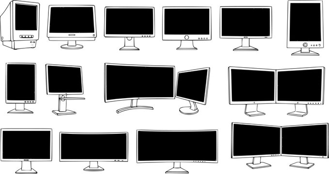 Black  White Line Art Vector Set of Technology and Computing Computer Monitors. Depicting Various Display Types: Vintage CRT, Modern Flat Panel, Vertical, Curved, and Dual Screen Setups.