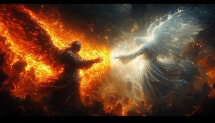 Fototapeta premium Fiery winged figure and luminous angelic figure reaching toward each other amid swirling flames, smoke, and radiant light in an epic, tense confrontation