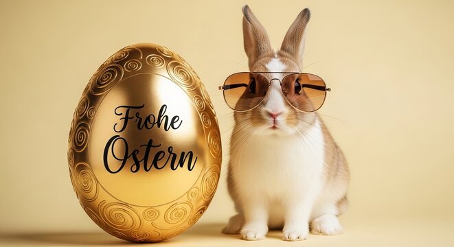 A rabbit wearing sunglasses sits next to a large golden Easter egg with the words Frohe Ostern written on it.