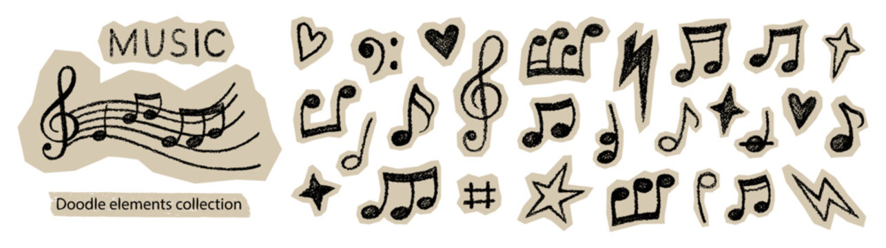 Scrapbook stickers with doodle music notes. Crayon notes on cutout old paper pieces. Scrapbook elements with music signs, heart, star and lightning for collage, zine, diary, vector illustration