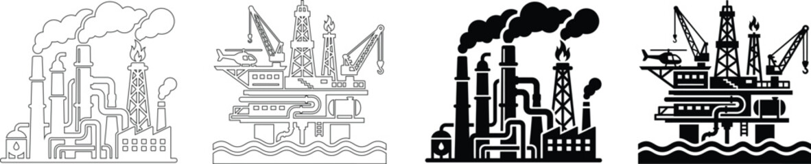 Obraz premium Industrial Factory and Offshore Oil Rig Platform Vector Icons Set for Energy and Petroleum Design