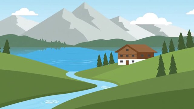 Cabin River Cinematic Landscape Flat Design Animation