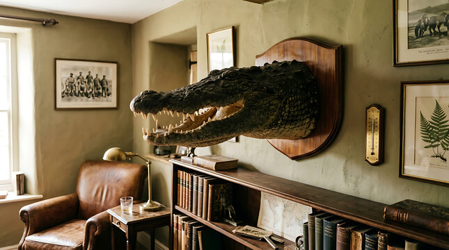 A taxidermied alligator head hangs on a wall in a room with leather armchair and books.