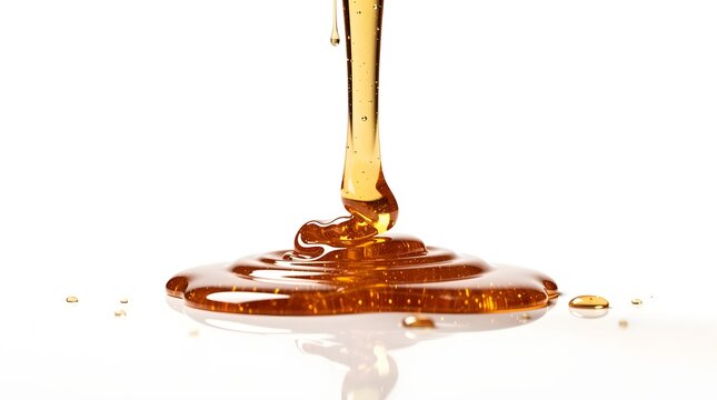 A close-up shot of golden honey pouring and creating ripples on a white surface, showcasing its viscous texture and natural sheen