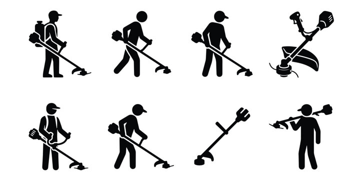 Lawn trimmer operator silhouette icons, professional gardener using brush cutter, set of 8 landscaping worker vector elements for garden maintenance