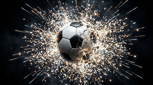 Soccer Ball Exploding with Sparks and Light Trails on Black Background
