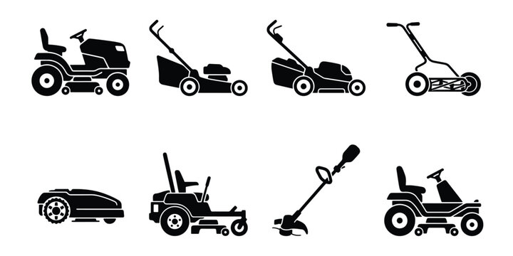 Lawn mower icon set with 8 vector silhouettes, professional garden equipment collection, black lawnmower machinery for landscaping and yard care
