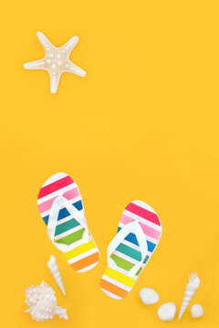Rainbow flip flops for summer holiday travel on yellow background. Casual fun fashionable trendy rubber footwear with starfish and white seashells.