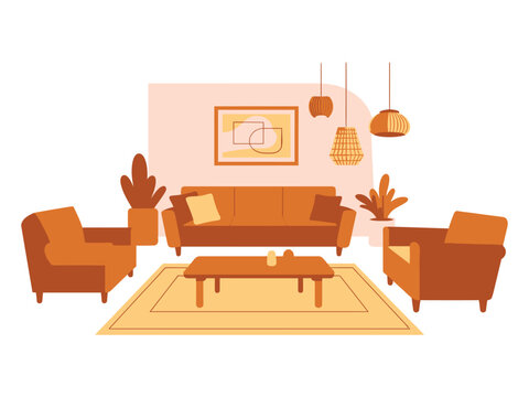Living room interior features a cozy sofa and armchair set with modern home decor.