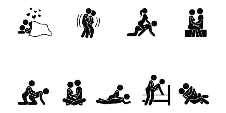Sexual positions stick figure icon set, couple intimacy and kama sutra vector illustrations, black and white human silhouettes in bed