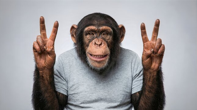 Chimpanzee wearing gray t-shirt poses with peace sign gesture, showcasing facial expression and hand positioning against a neutral background