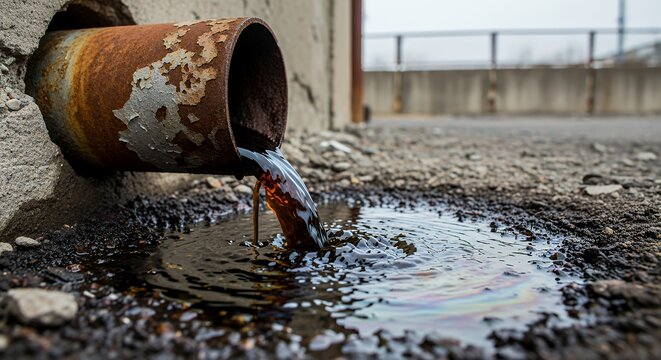 Rusty pipe leak in outdoor industrial site with brown oil spill on concrete