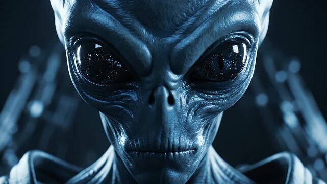 Close Up Portrait Of An Extraterrestrial Being With Large Dark Eyes And Grey Skin Under Blue Dramatic Lighting