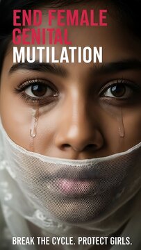 Womans portrait with tears advocating against female genital mutilation