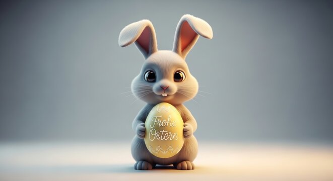 A cute cartoon bunny holding a Happy Easter egg in a studio setting