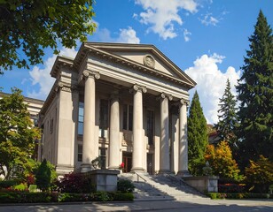 Obraz premium Architectural grandeur: a neoclassical building under a vibrant blue sky filled with clouds