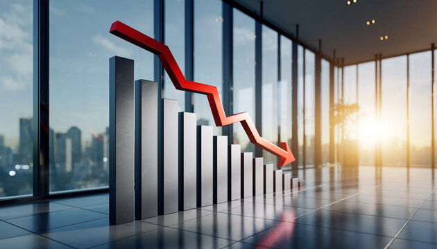 A dramatic business decline concept showing concrete bar chart columns descending toward a red arrow pointing down, set against a city skyline through floor-to-ceiling office windows, evoking loss and