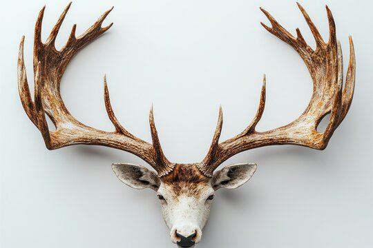 white deer head with large branching antlers and calm majestic expression on plain white background