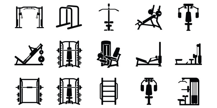 Gym equipment icons set, professional fitness machine vector collection, black workout station silhouettes for bodybuilding and strength training
