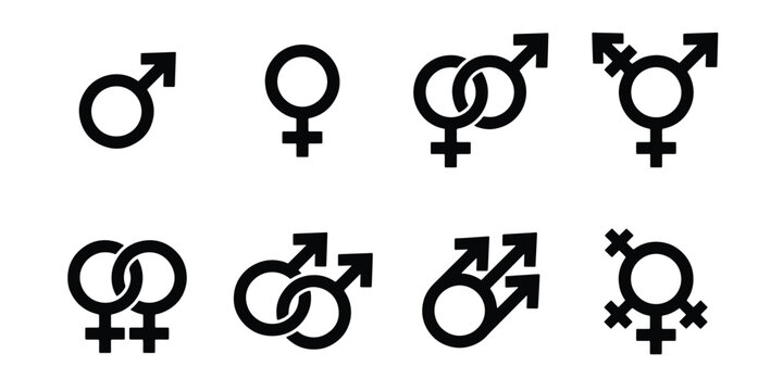 Gender identity symbols set, 8 black vector icons for male female and transgender, lgbtq pride and sexual orientation signs on white background