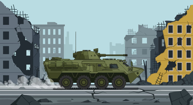 Military vehicle demolishing urban building