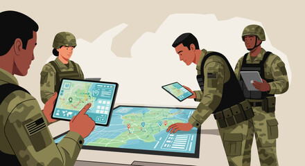 Military Control Room with Multiple Screens Monitoring © hermas