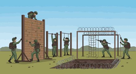 Modern Military Training Camp with Soldiers Exercising Outdoors © hermas