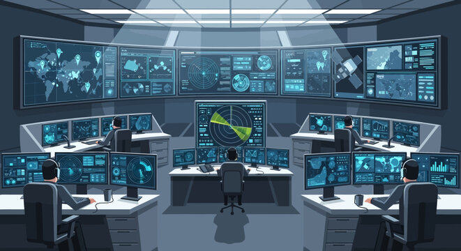 High-Tech Command Center Monitoring Security Systems