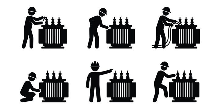 Electrician working on power transformer icons set, electrical engineer maintenance and repair vector, industrial power grid technician silhouettes