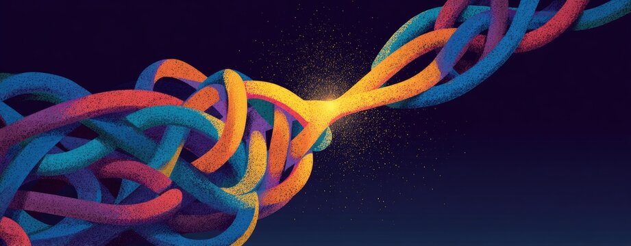 A beautiful, abstract illustration of a complex, colorful knot being untangled by a single, simple, glowing thread, finding the simple solution, clean vector art 